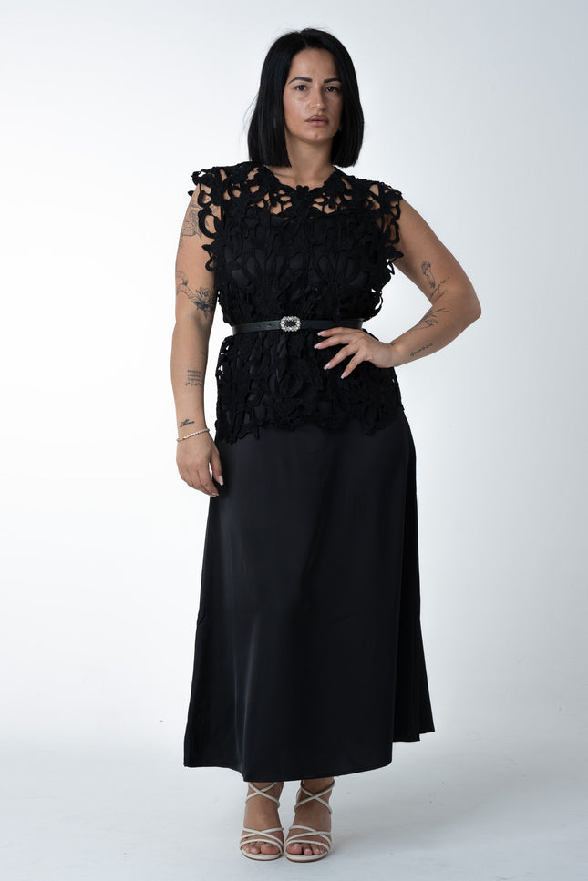 Dress double satin e pizzo nero