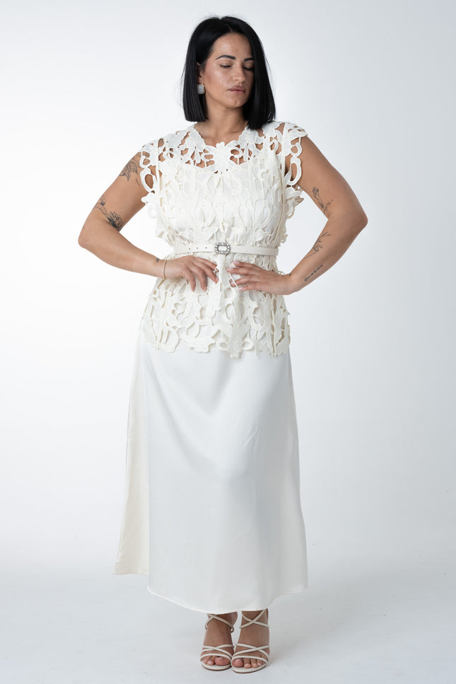 Dress double satin pizzo burro