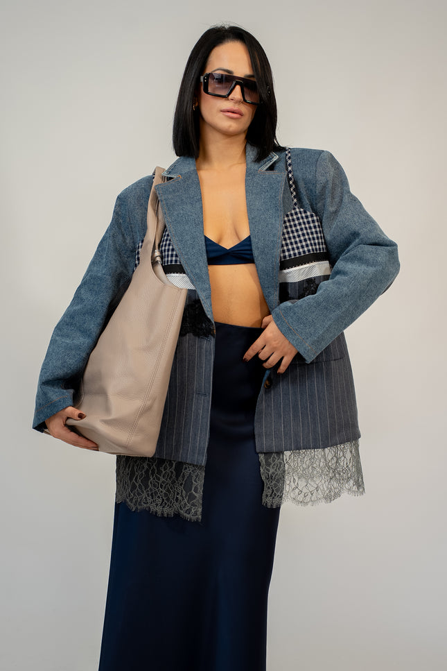 Blazer strutturato denim e pizzo