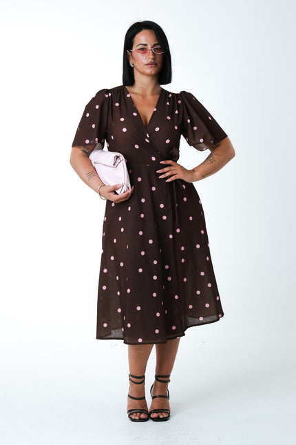 Dress midi Pois in lino cacao