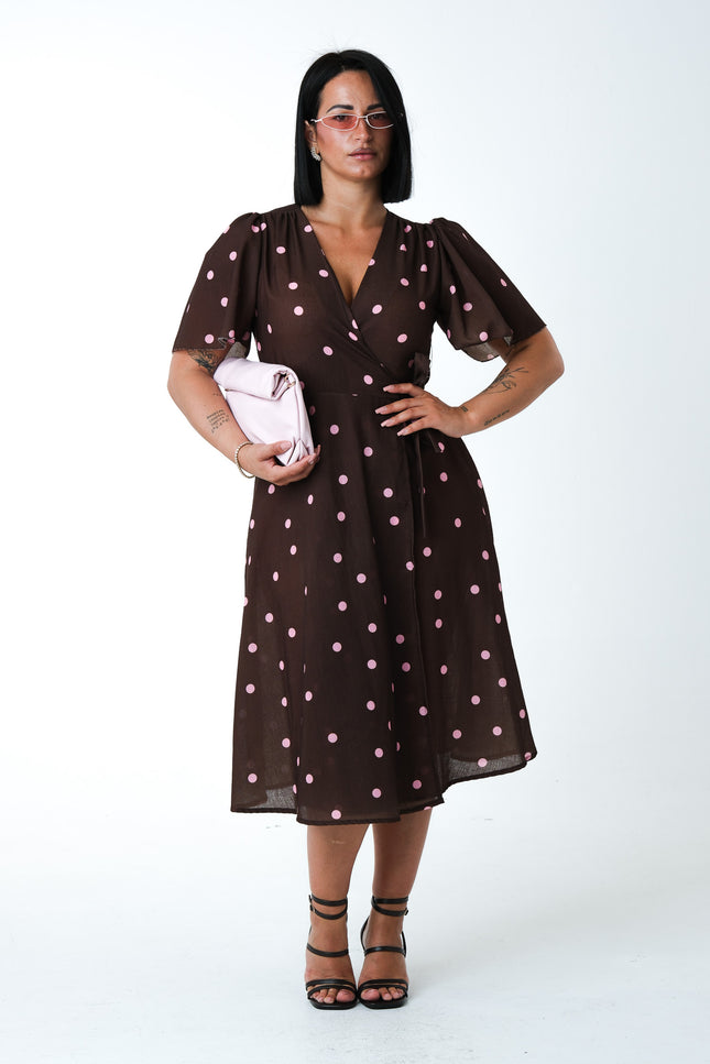 Dress midi Pois in lino cacao