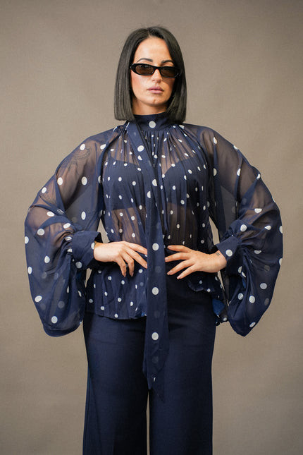 Camicia plissé pois manica ampia blu