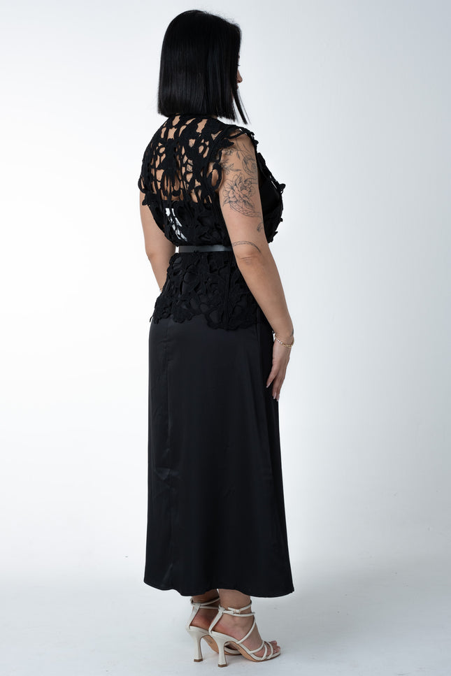 Dress double satin e pizzo nero