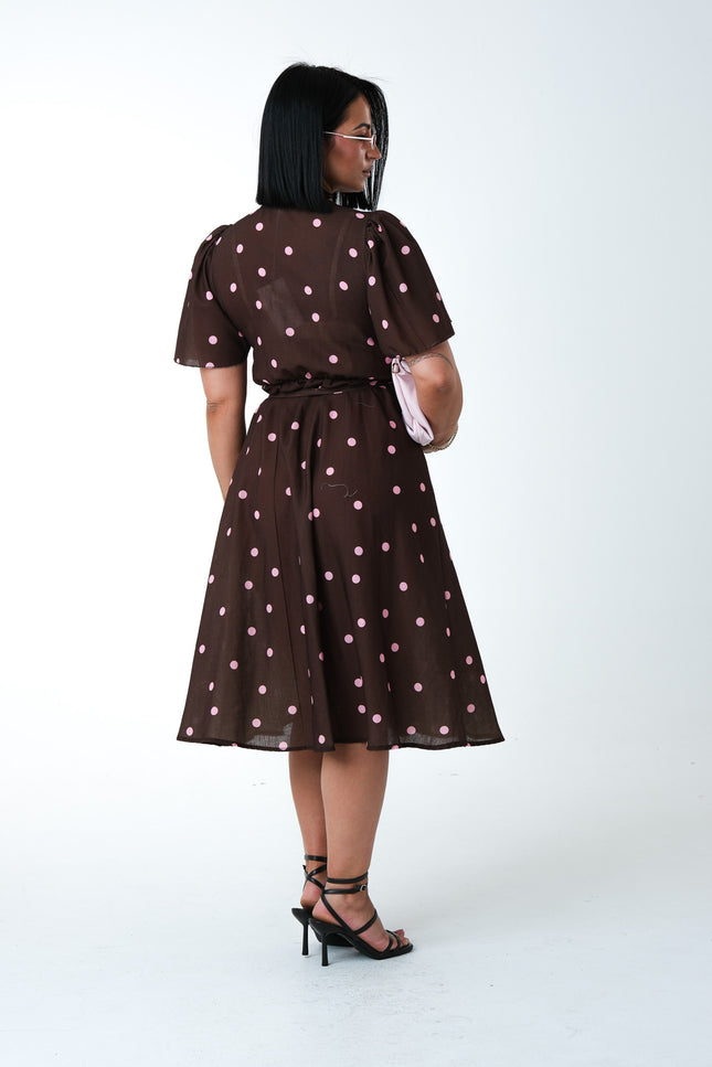 Dress midi Pois in lino cacao