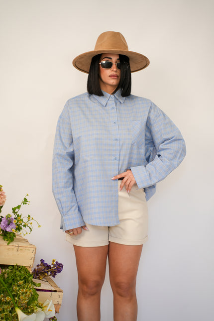 Camicia spallina oversize quadri azzurra