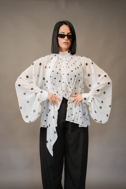 Camicia plissé pois manica ampia bianca