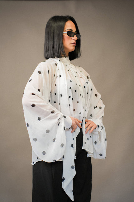 Camicia plissé pois manica ampia bianca
